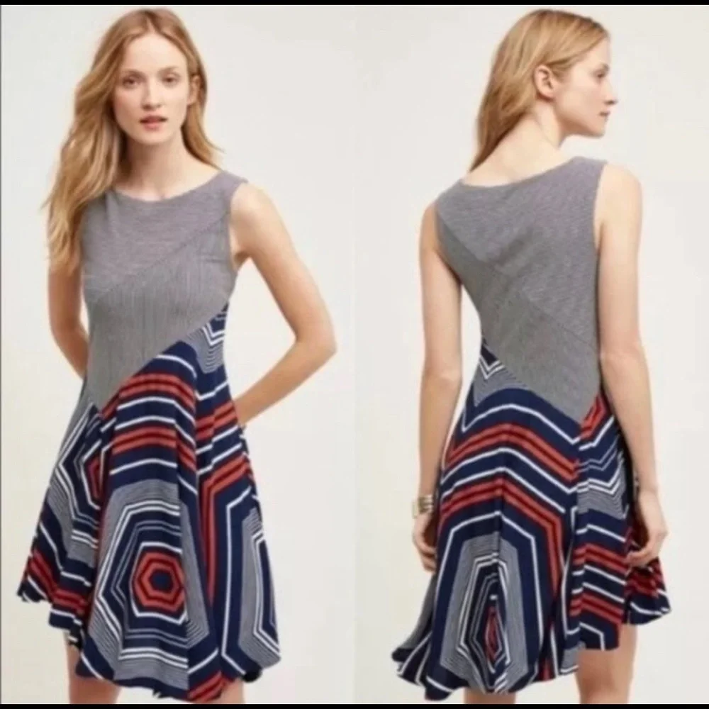 Maeve Anthropologie X-Small Blue Striped Cameron Asymmetrical Hem Dress - Picture 1 of 5